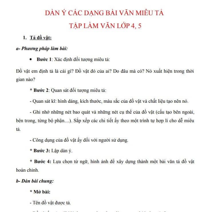 Dàn ý các dạng bài văn miêu tả Tiếng Việt lớp 5