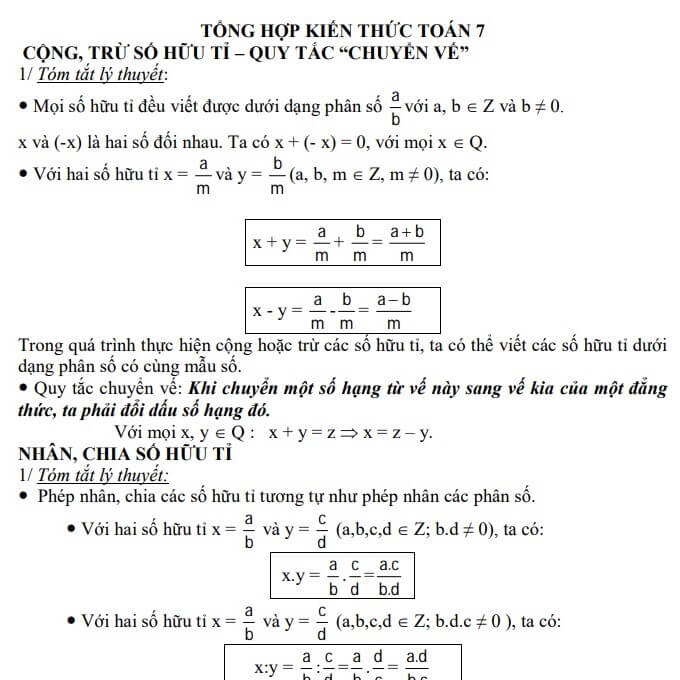 Tổng hợp kiến thức môn Toán lớp 7